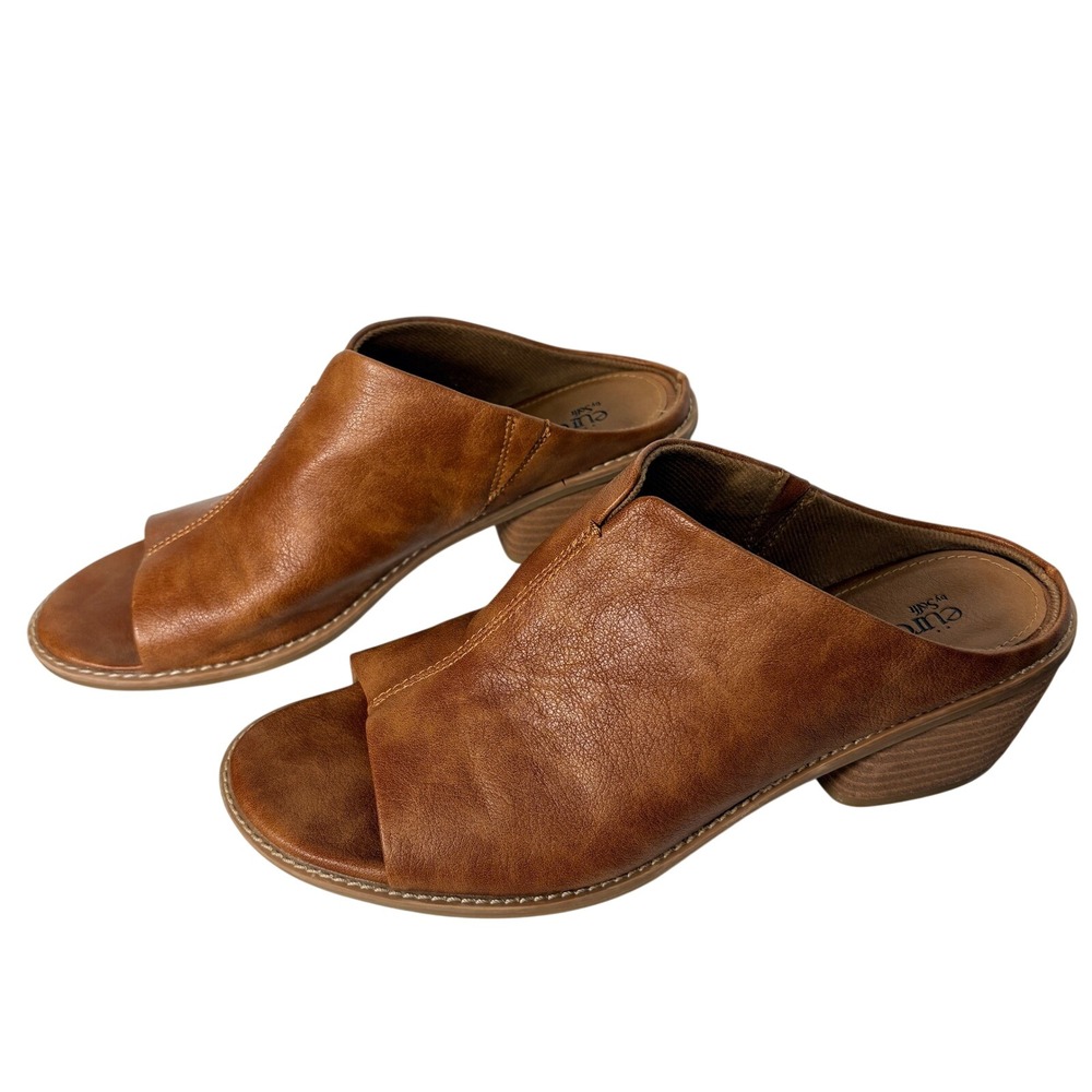 Eurosoft Sofft Womens Brown Faux Leather Brown Peep Toe Block Heel Mules Sandals